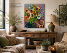 Living room with a sunflower bouquet painting on a wooden console table.