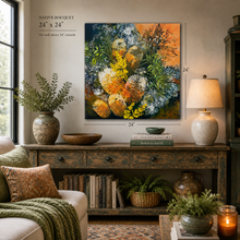 Living room with a console table, decorative items, Textured botanical painting with layered banksia blooms in earthy oranges, ochres, and creams with luminous highlights and natural patterns