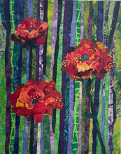 Original all-fabric floral collage artwork 20x16 inches, three bold poppy blooms in crimson burnt orange and golden yellow batik fabric against vertical striped batik background in purple lavender green and yellow, presented in deep black frame, part of the Floral and Botanical Collection