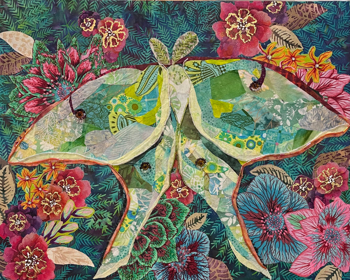 Original mixed media luna moth artwork 16x20 inches, large luna moth with patchwork fabric wings in sage, celadon and cream with gold foil detail, crystals and Czech glass beads, set against a deep teal background of painted florals in magenta, crimson and blue, on birch panel, part of the Floral and Botanical and Whimsical Companions Collections