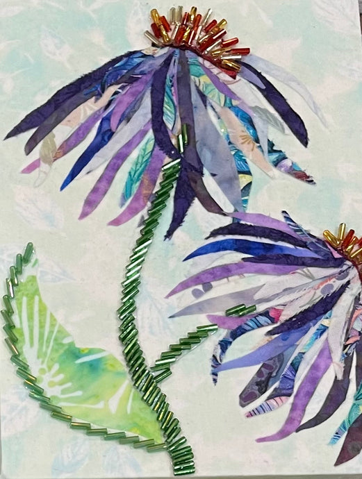 Botanical artistic depiction of airy textured purple flowers and green beaded leaves on a light neutral background 