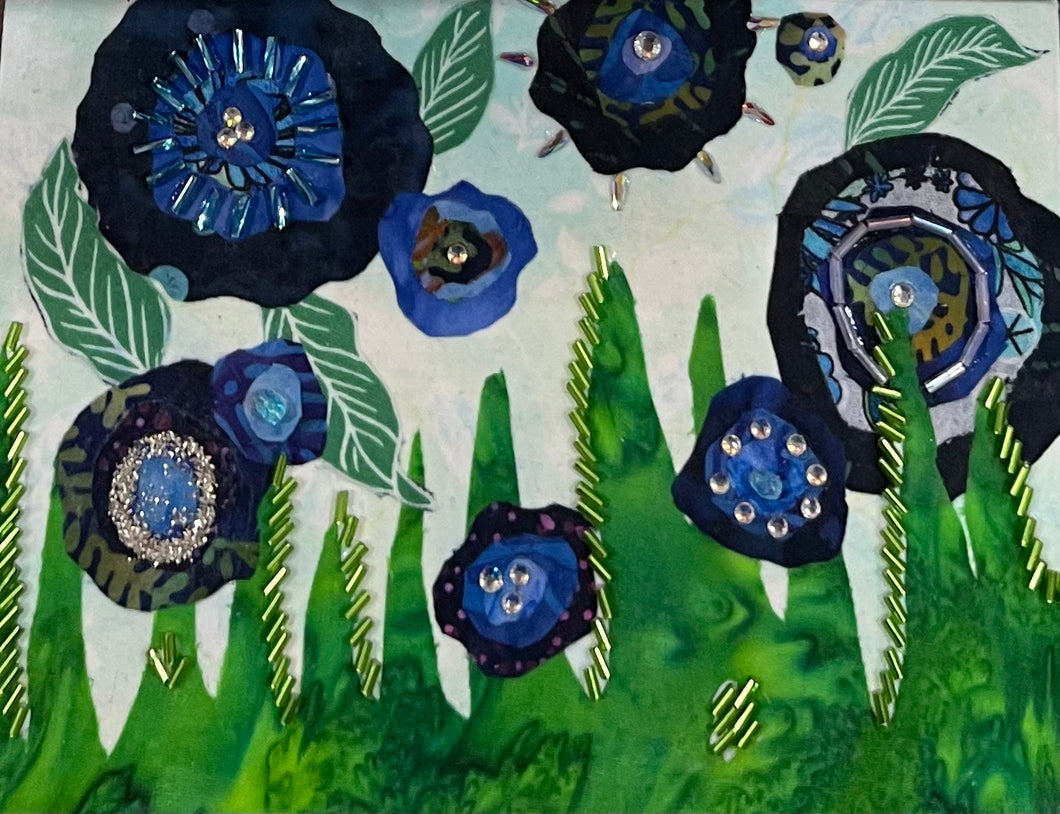 Artistic depiction of blue flowers with green leaves on a beaded textured surface