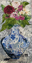 Decorative  layered collage with floral arrangement and blue Chinioserie patterned vase on textured background