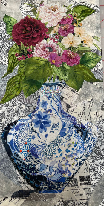 Decorative  layered collage with floral arrangement and blue Chinioserie patterned vase on textured background