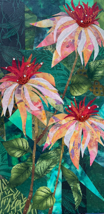 Artistic depiction of colorful peach color flowers with green leaves on a layered green background 