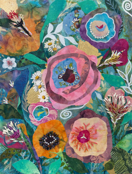 Floral artwork made with layered fabric and mixed media, featuring vibrant blooms in pink, yellow, and green tones with flowing textured details
