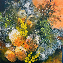 Original textured acrylic botanical painting 24x24 inches, dense composition of banksia blooms and wild botanical forms in peach, burnt orange, golden yellow and deep green with texture paste dimensional detail, gallery wrapped canvas, part of the Where Color Takes Root Collection