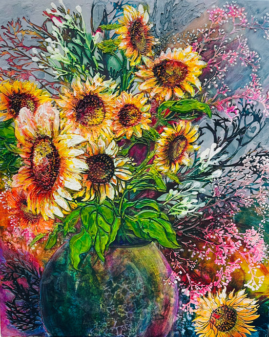 Colorful textured painting of sunflowers in a vase with lush foliage and expressive brushwork in vibrant hues