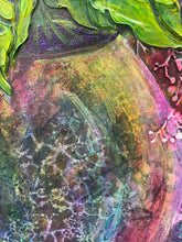 Abstract artwork with close-up view of vase with vibrant colors and textures