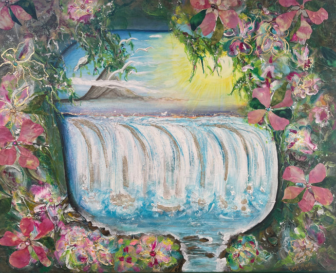 Original mixed media floral waterfall painting 24x30 inches, cascading white and aqua waterfall with gold detail, framed by oversized pink blooms and lush green foliage, luminous sky and distant island beyond, part of the Where Color Takes Root Collection