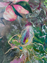 Artistic depiction of flowers and a butterfly with a textured background,  pink blooms and lush green foliage, part of the Where Color Takes Root Collection