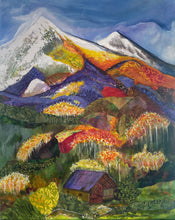 Original mixed media mountain landscape painting 24x30 inches, snow-capped peaks, layered fabric hills in violet, orange, and gold, fiery autumn trees with white linework, stone cottage in green meadow, part of the Where Color Takes Root Collection