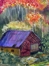 Close up of Colorful painting of a small purple roof stone cabin with a vibrant garden and red, orange and gold fall foliage