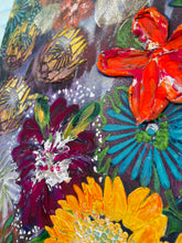 Close detail of textured acrylic surface on original botanical painting Where the Garden Overflows by Robyn Moore Arts, showing dimensional texture medium building protea and artichoke bloom forms in warm gold and yellow against deep moody blue green background