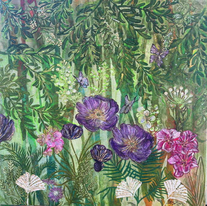 Original botanical acrylic painting 20x20 inches, lush green garden composition with deep violet and purple poppies, cascading olive foliage, hot pink blooms, white ginkgo fans, painted purple butterflies, gold foil pen detail and crystal embellishment, gallery wrapped canvas, part of the Floral and Botanical and Where Color Takes Root Collections
