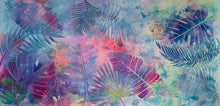Original large format botanical acrylic painting 24x48 inches, ethereal wash of periwinkle blue, lavender, coral and peach with tropical leaf silhouettes in teal, violet and magenta created through stenciling and nature printing over real leaves, gallery wrapped canvas, part of the Where Color Takes Root Collection
