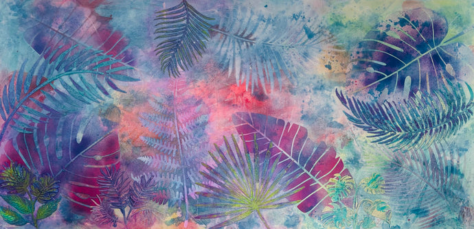 Original large format botanical acrylic painting 24x48 inches, ethereal wash of periwinkle blue, lavender, coral and peach with tropical leaf silhouettes in teal, violet and magenta created through stenciling and nature printing over real leaves, gallery wrapped canvas, part of the Where Color Takes Root Collection