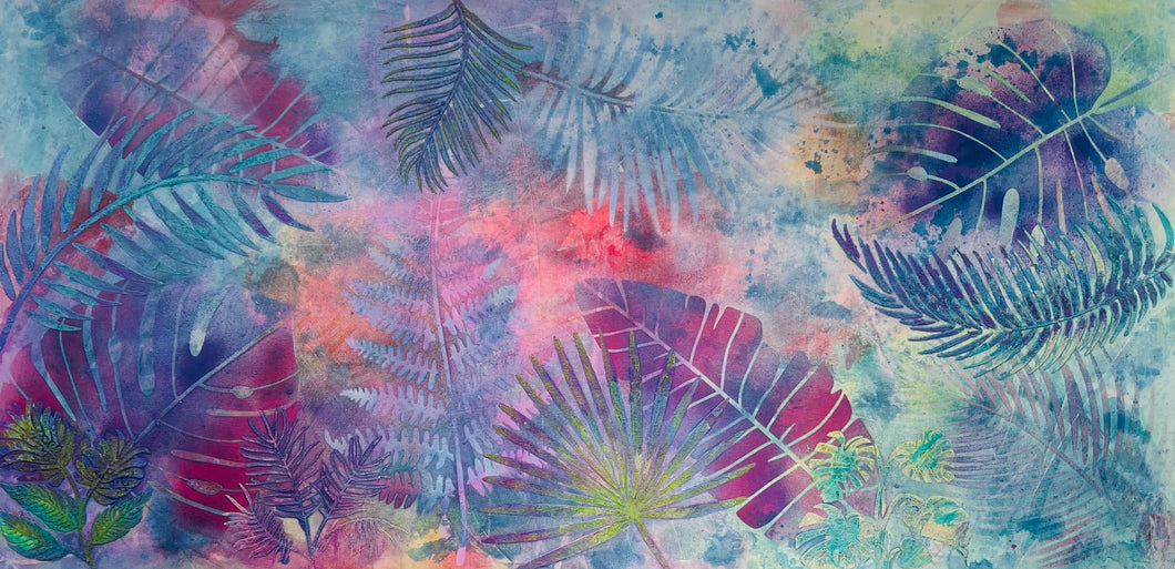 Original large format botanical acrylic painting 24x48 inches, ethereal wash of periwinkle blue, lavender, coral and peach with tropical leaf silhouettes in teal, violet and magenta created through stenciling and nature printing over real leaves, gallery wrapped canvas, part of the Where Color Takes Root Collection