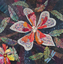 Bright floral artwork made with layered fabric and mixed media, featuring blooming forms and dragonfly with background in deep blue and violet tones with textured layered surface