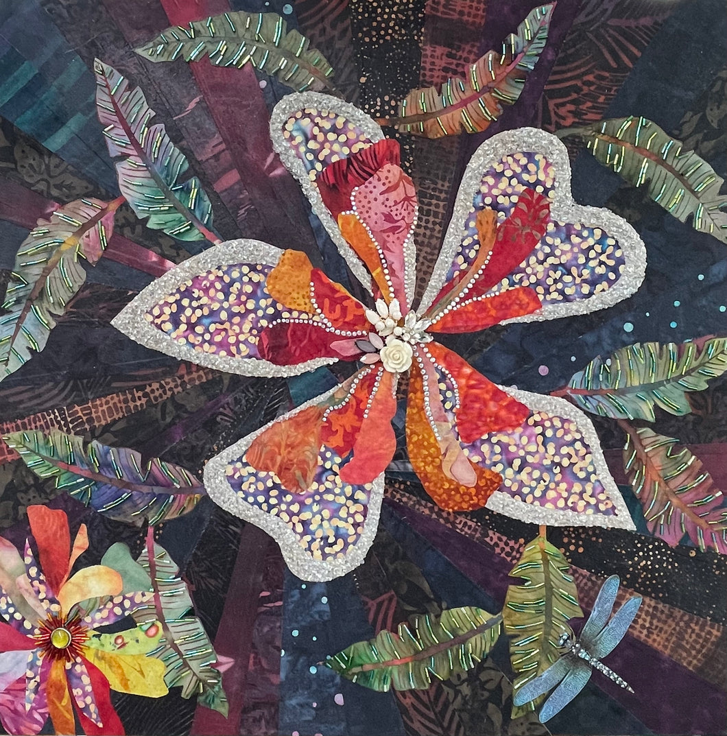 Bright floral artwork made with layered fabric and mixed media, featuring blooming forms and dragonfly with background in deep blue and violet tones with textured layered surface