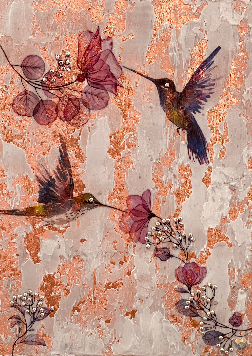 Original hummingbird mixed media artwork 5x7 inches, two watercolor decal hummingbirds visiting pink blossoms on crackled copper foil background with Swarovski crystal branch detail, birch panel, Floral Botanical Collection, Robyn Moore Arts