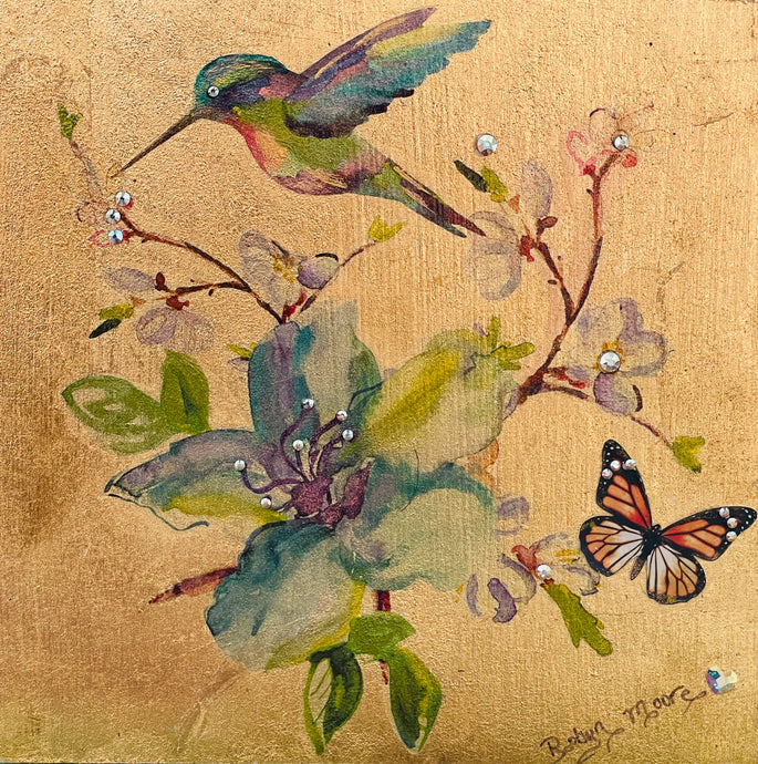 Original hummingbird mixed media artwork 6x6 inches, watercolor decal hummingbird and monarch butterfly on flowering branch with Swarovski crystal detail, solid gold foil background, birch panel, Floral Botanical Collection, Robyn Moore Arts