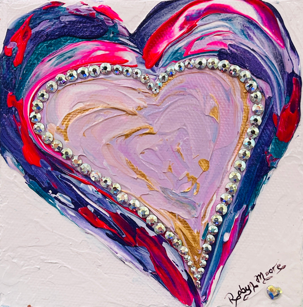 Original abstract heart artwork 5x5 inches, bold heart shape in navy teal magenta and crimson acrylic with Swarovski crystal outline and blush gold interior, gallery wrapped canvas, Where Color Takes Root Collection, Robyn Moore Arts