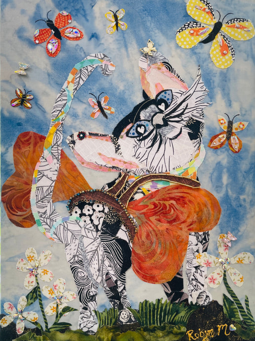 Original whimsical cat fabric artwork 9x12 inches, dreaming cat in black white printed fabric with rust orange fabric wings Czech glass bead harness heart eyes reaching upward toward Swarovski crystal fabric butterflies white fabric flowers lush green foliage hand dyed blue background birch panel, Whimsical Companions Collection, Robyn Moore Arts