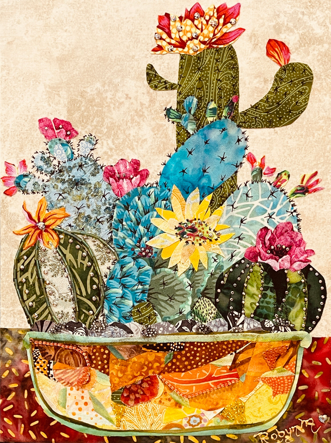 Original cactus garden fabric artwork 9x12 inches, patchwork amber rust terracotta pot, Czech glass bead detail, Swarovski crystal blooms, birch panel, Floral Botanical Collection, Robyn Moore Arts