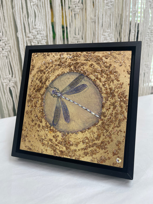 Original dragonfly mixed media artwork 6x6 inches, paper dragonfly with Swarovski crystal eyes resting in a smooth clearing within a coarse gold leaf and metal flake field, birch panel, Golden Hour Collection, Robyn Moore Arts