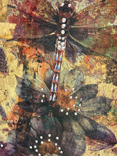 Close detail of Swarovski crystal beading along the dragonfly body and flower centers on Quiet Splendor by Robyn Moore Arts, gold leaf and watercolor image transfer
