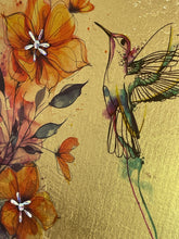 Close detail of Swarovski crystal flower centers and watercolor image transfer hummingbird on Golden Nectar by Robyn Moore Arts, gold leaf background
