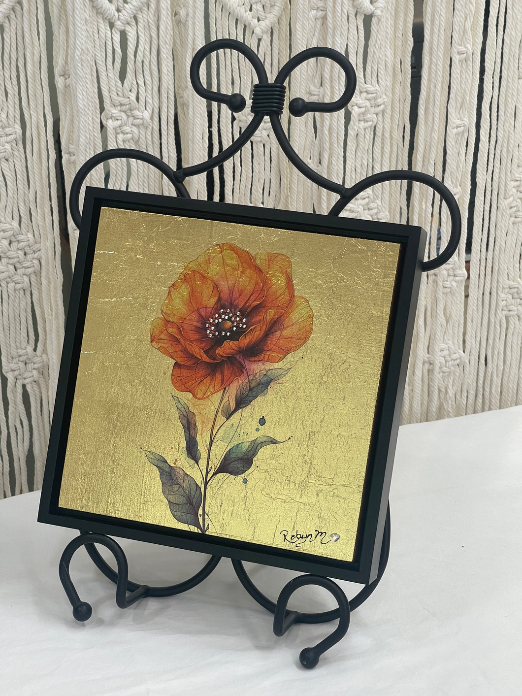 Original poppy mixed media artwork 8x8 inches, single rust-orange bloom with a dense Swarovski crystal center, gold leaf ground, birch panel, Golden Hour Collection, Robyn Moore Arts