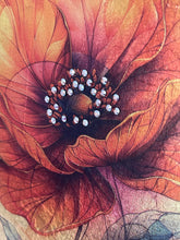 Close detail of the dense Swarovski crystal center on Quiet Bloom by Robyn Moore Arts, rust-orange watercolor image transfer petals on gold leaf