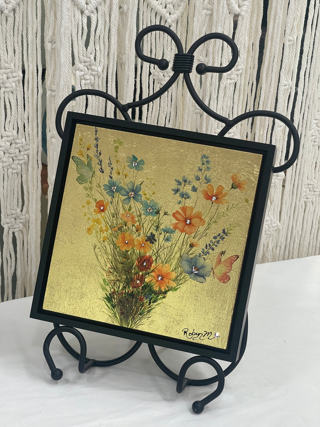 Original wildflower mixed media artwork 8x8 inches, blue cosmos and rust-orange blooms with Swarovski crystal centers and two butterflies, gold leaf ground, birch panel, Golden Hour Collection, Robyn Moore Arts