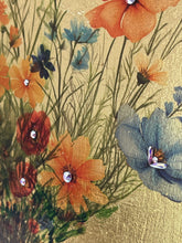 Close detail of Swarovski crystal flower centers and watercolor image transfer butterfly on Wild Gathering by Robyn Moore Arts, gold leaf background