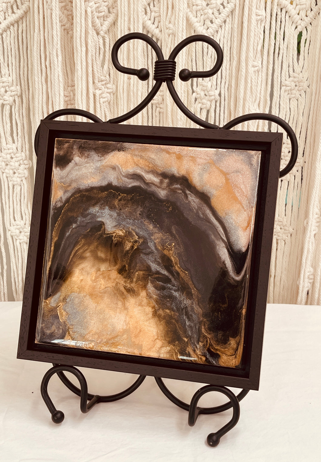 Original abstract resin artwork 8x8 inches, sweeping amber and gold arc with shimmer pigment over a dark void, wood panel, Fragments of Light Collection, Robyn Moore Arts