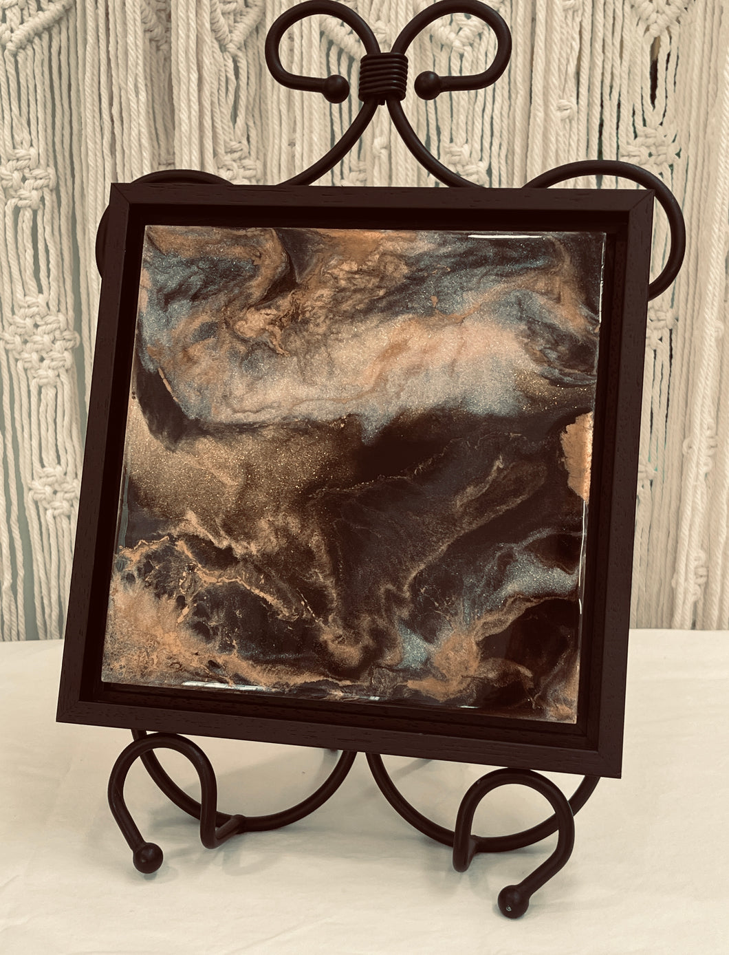 Original abstract resin artwork 8x8 inches, dominant black field with pale grey band and raw copper-gold fracture edge, shimmer pigment, wood panel, Fragments of Light Collection, Robyn Moore Arts