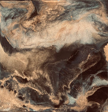 Close detail of the raw copper-gold fracture edge and shimmer pigment on Obsidian Drift by Robyn Moore Arts