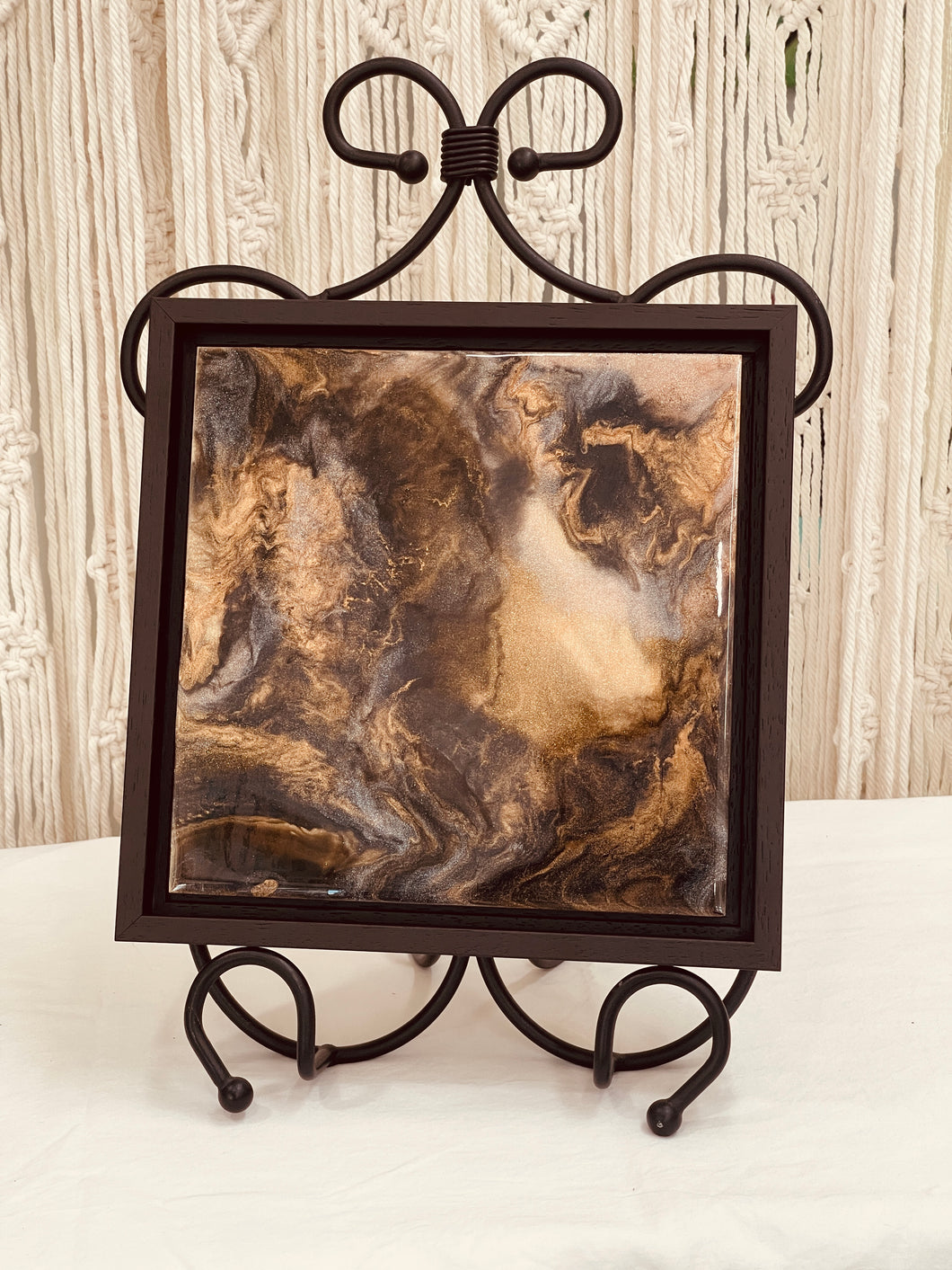 Original abstract resin artwork 8x8 inches, cream diagonal current through dark chocolate and black swirls with gold veining and shimmer pigment, wood panel, Fragments of Light Collection, Robyn Moore Arts