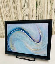 Original abstract mixed media artwork 5x7 inches, deep blue sweeping form traced in Swarovski crystals over textured powder blue and lavender ground with gold veining, birch panel, Where Color Takes Root Collection, Robyn Moore Arts