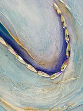 Close detail of Swarovski crystal trail tracing the curve of Ascend by Robyn Moore Arts, layered texture paste with gold veining beneath deep indigo blue acrylic