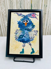 Original whimsical owl fabric artwork 5x7 inches, patchwork blue owl with hand-painted feather wings, Swarovski crystal accents, polka-dot rain boots, birch panel, Whimsical Companions Collection, Robyn Moore Art