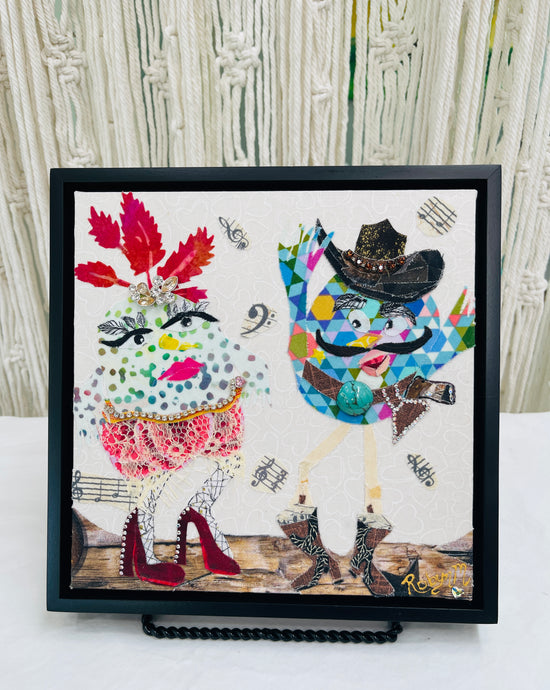 Original quirky bird duo fabric artwork 8x8 inches, glamorous bird with red leaf crown and rhinestone heels beside a cowboy bird in a jeweled hat, fabric music notes, birch panel, Whimsical Companions Collection, Robyn Moore Arts