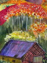 Close detail of layered fabric and acrylic texture on original mixed media mountain landscape painting Gathered Light by Robyn Moore Arts, showing patterned fabric embedded in small cottage in violet burnt orange and gold with Swarovski crystals