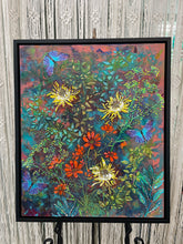 Original textured mixed media painting 20x24 inches, yellow thistle and orange wildflower blooms with three blue paper butterflies and Swarovski crystal accents, black floating frame, Where Color Takes Root Collection, Robyn Moore Arts