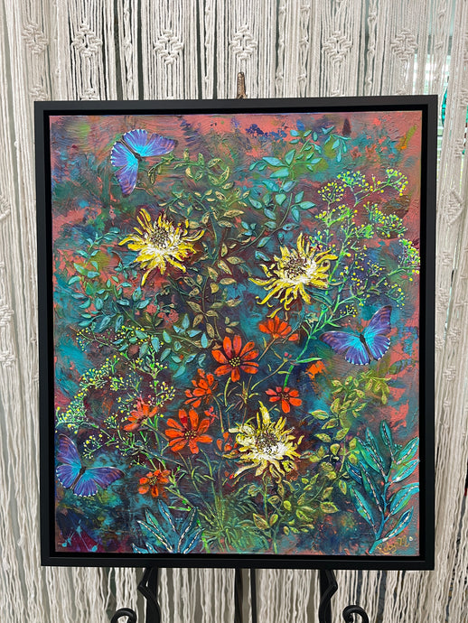 Original textured mixed media painting 20x24 inches, yellow thistle and orange wildflower blooms with three blue paper butterflies and Swarovski crystal accents, black floating frame, Where Color Takes Root Collection, Robyn Moore Arts