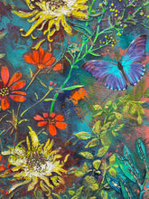 Close detail of textured thistle blooms, paper butterfly wings, and Swarovski crystal accents on Drifting Wings by Robyn Moore Arts