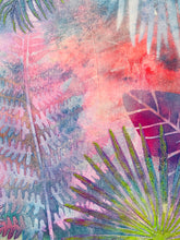 Close detail of nature printed leaf silhouette and beach sand texture surface on original acrylic botanical painting The Air Between Colors by Robyn Moore Arts, showing organic leaf form created by spray painting over real leaves against luminous lavender and coral wash