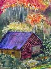 Close detail of layered fabric and acrylic texture on original mixed media mountain landscape painting Gathered Light by Robyn Moore Arts, showing patterned fabric embedded in small cottage in violet burnt orange and gold
